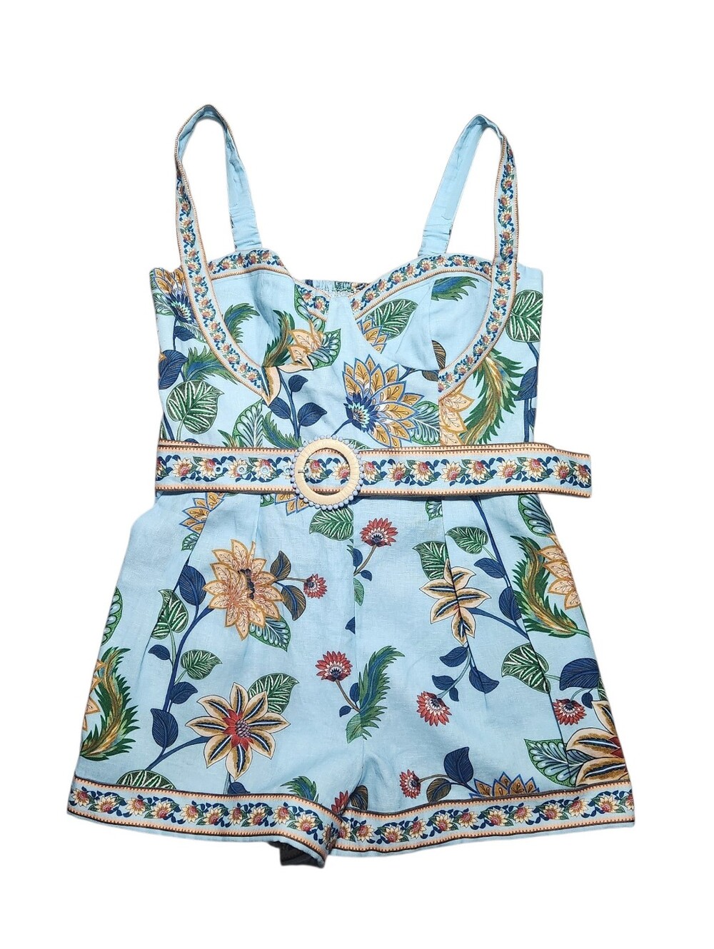 Farm Rio Delhi Light Blue Floral Belted Romper Size Large Linen Sleeveless